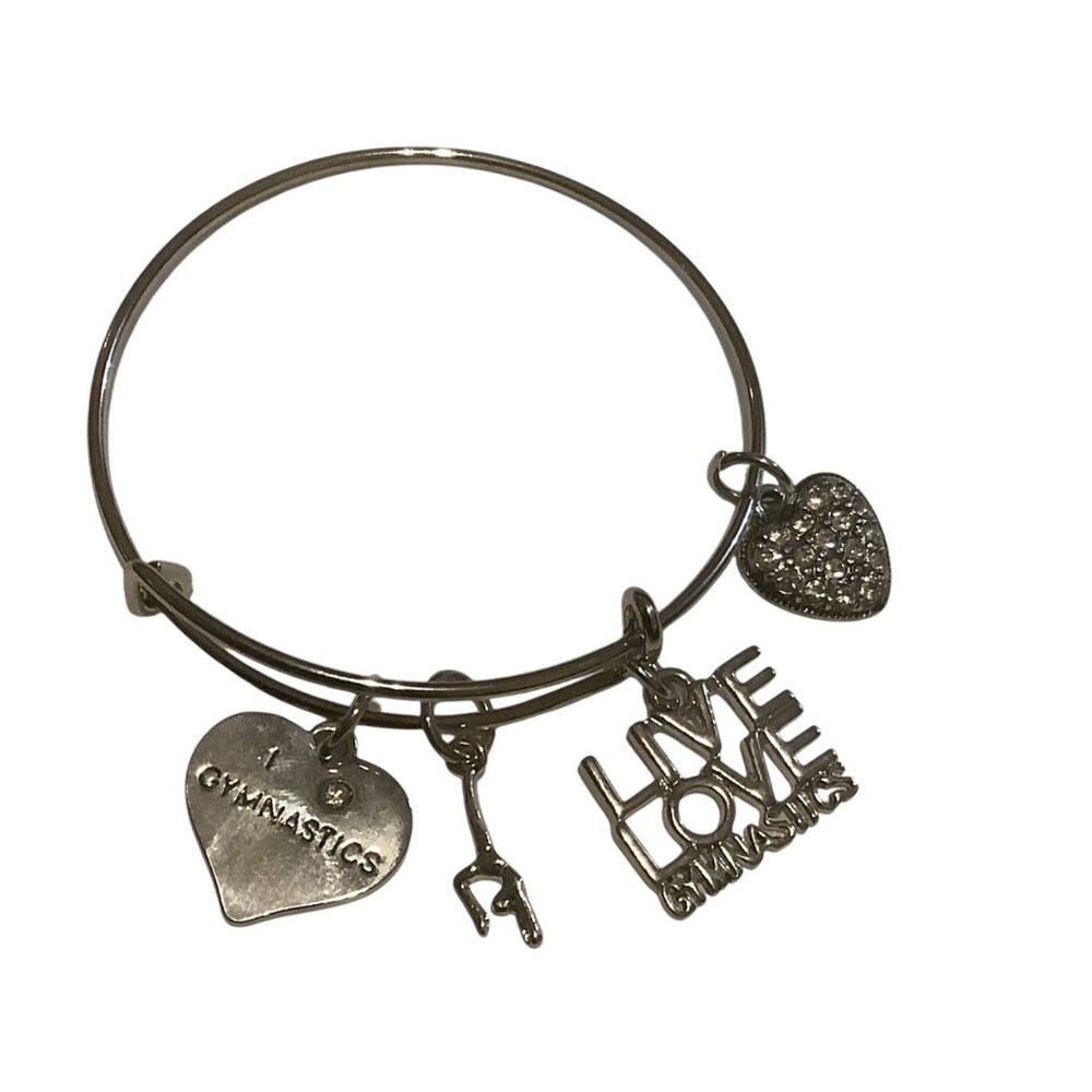 Gymnastics Themed Silver Bangle Charm Bracelet Heart Inspirational Rhinestone OS